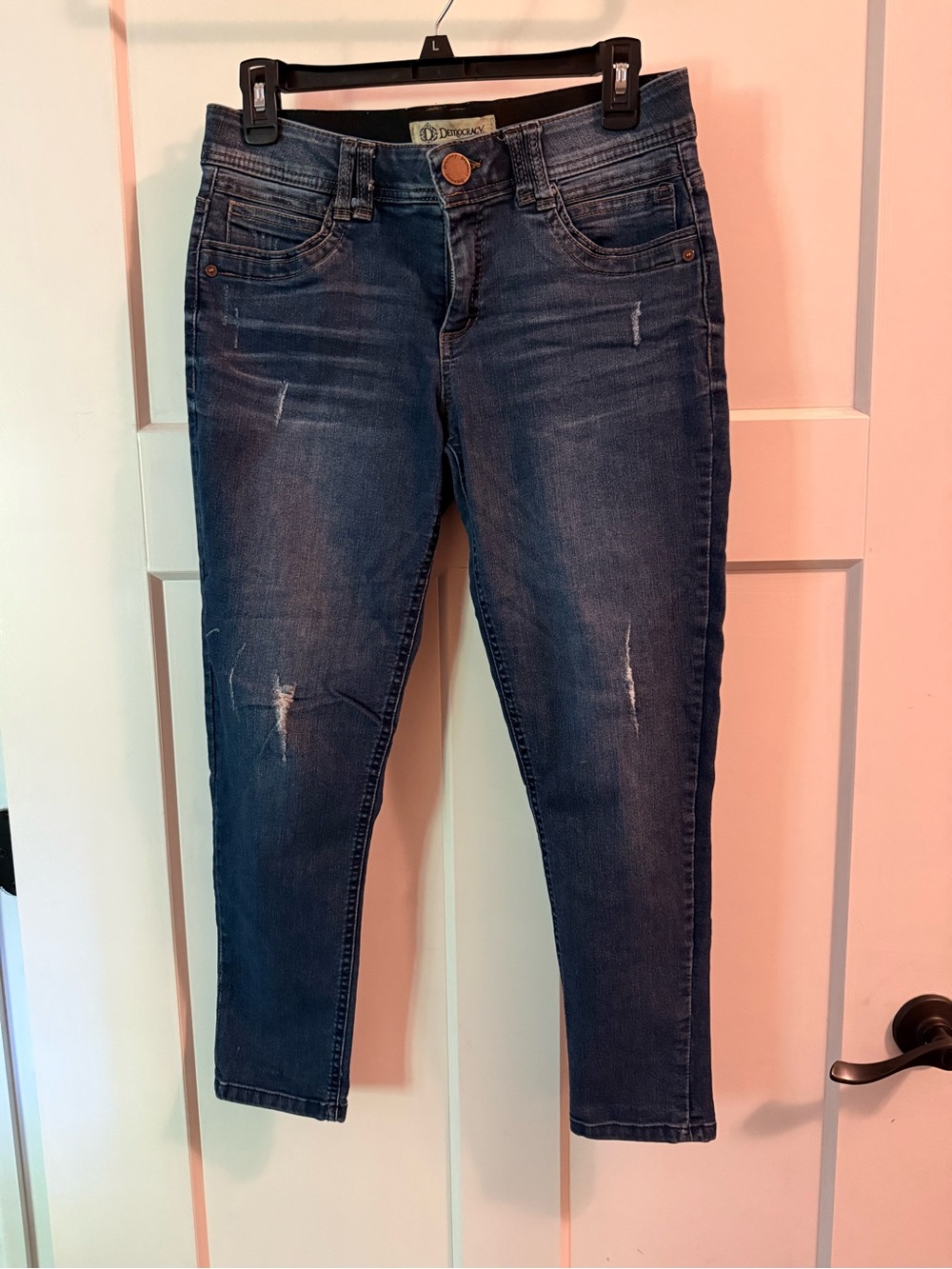 Democracy Dark Blue Cropped Skinny Jeans with Distressed Detail